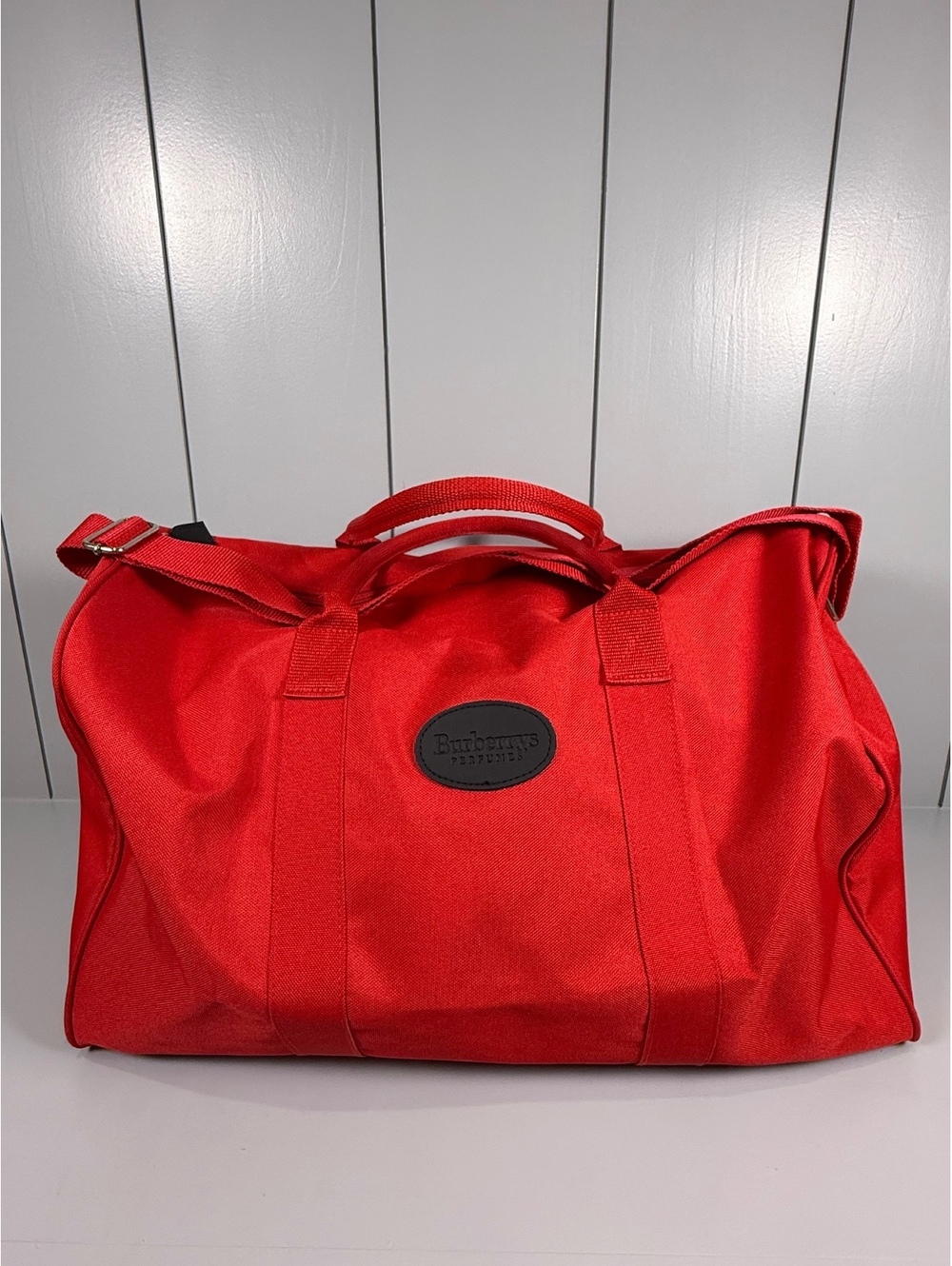 Vintage Burberrys Perfumes Red Canvas Travel Duffel Bag